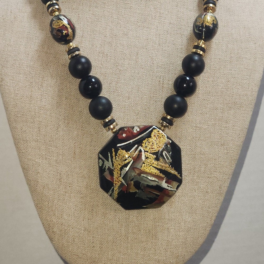 Black Gold‎ Silver Leaf Abstract Hexagon Pendant Beaded Statement Necklace Japan
